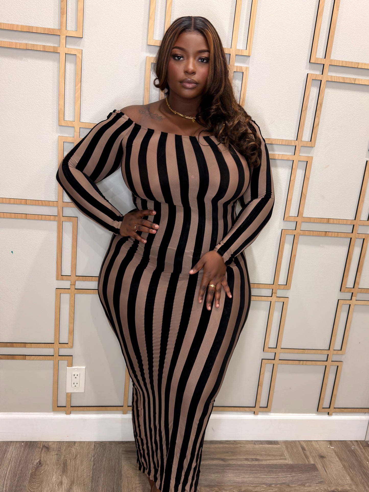 Contour Stripe Off-Shoulder Maxi Dress